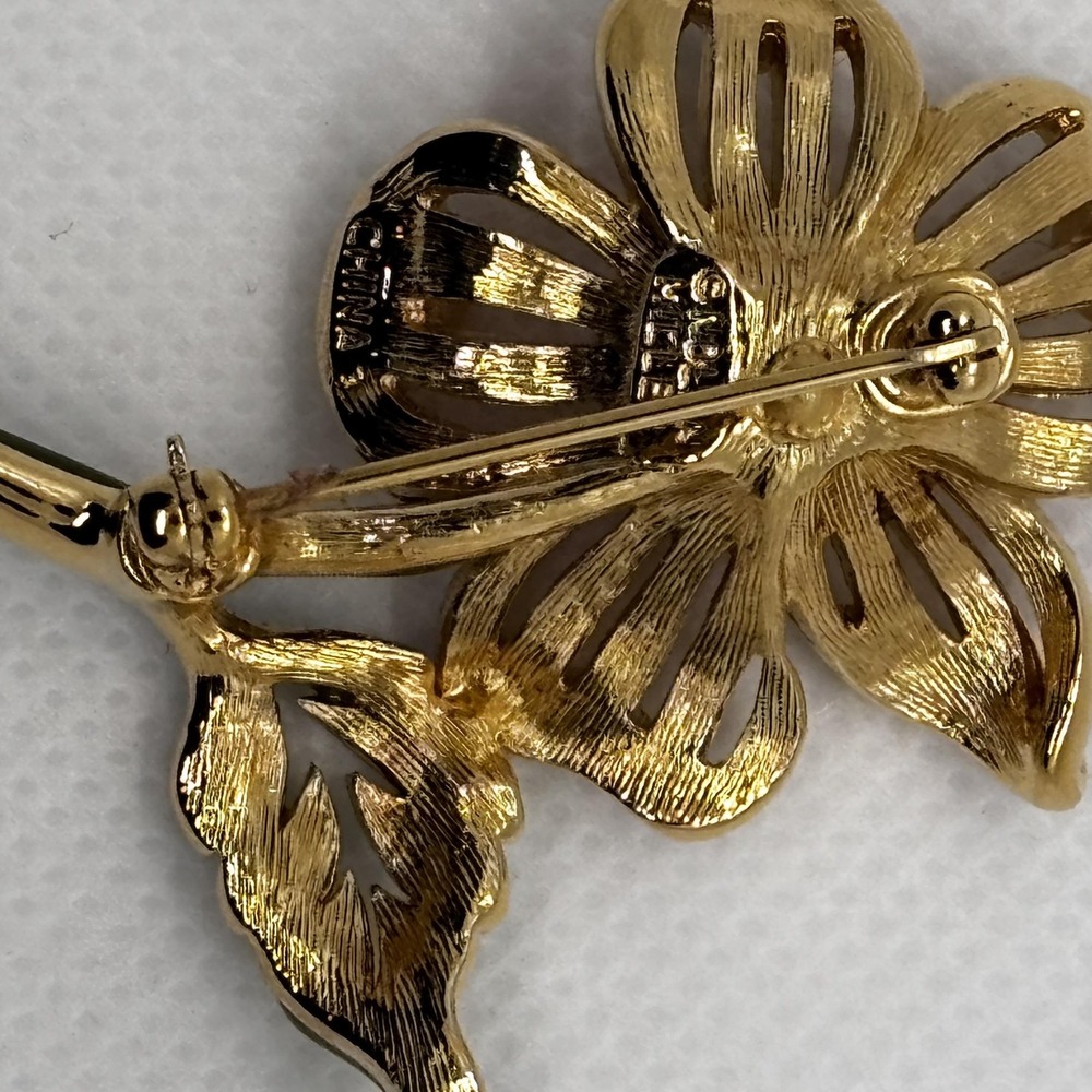 Vintage Nolan Miller Flower Brooch Pin Gold Tone Enamel Rhinestone Crystal Box - Picture 4 of 7
